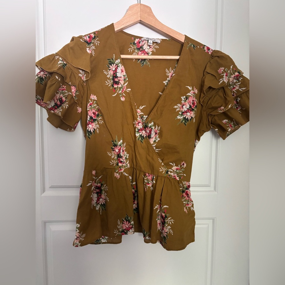 Madewell Peplum Ruffle Sleeve Crossover Top Mustard Brown Olive Floral Size 2